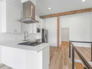 Kitchen with light wood-type flooring, white cabinets, stainless steel appliances, island range hood, and sink