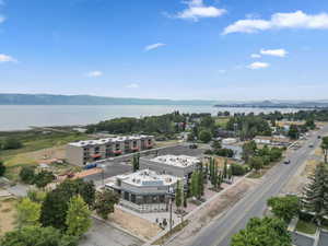 Aerial view of a water and mountain view