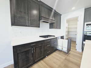 Kitchen featuring light hardwood / wood-style floors, stainless steel gas cooktop, backsplash, and dark brown cabinetry