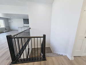 Staircase featuring light hardwood / wood-style floors