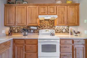 Kitchen with raised alder cabinets, white range with electric stovetop, tasteful backsplash & under cabinet lighting