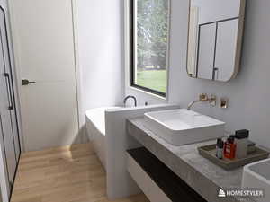 Rendering of primary bath with double vanity, freestanding bath, and shower