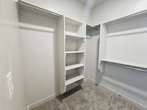 Walk in closet featuring dark carpet