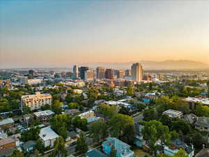 Aerial view at dusk with a mountain view