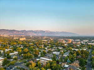 Aerial view at dusk with a mountain view