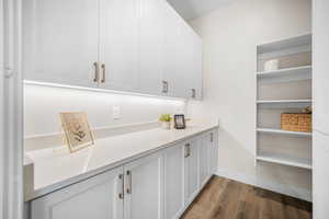 Bar featuring light hardwood / wood-style floors and white cabinetry