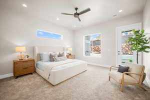 Bedroom with ceiling fan, light colored carpet, and access to outside