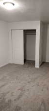 Bedroom featuring a closet, carpet floors, and a textured ceiling