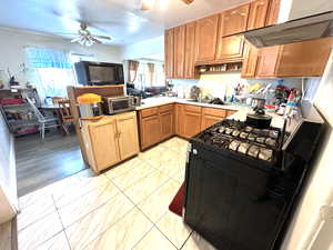 Kitchen featuring gas range, a healthy amount of sunlight, ceiling fan, and light wood-type flooring