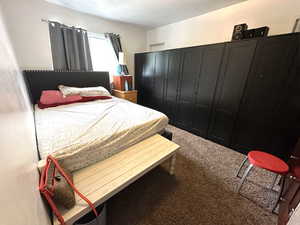 Carpeted bedroom with a closet