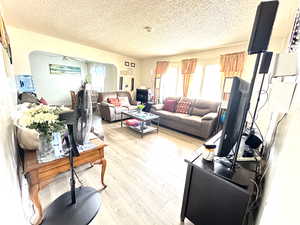 Living room with a textured ceiling, light hardwood / wood-style flooring, and a wealth of natural light