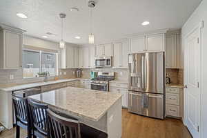 Kitchen with stainless steel appliances, sink, hanging light fixtures, light hardwood / wood-style floors, and backsplash