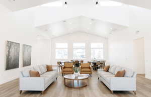 Living room featuring high vaulted ceiling and light hardwood / wood-style flooring