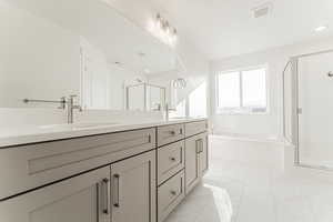 Bathroom with vanity and independent shower and bath