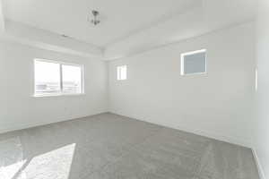 Carpeted empty room with a raised ceiling