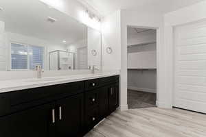 Bathroom featuring vanity, wood-type flooring, and walk in shower