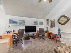 Carpeted office space featuring lofted ceiling, a textured ceiling, and ceiling fan