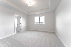 Empty room with a raised ceiling, light carpet, baseboards, and visible vents