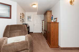 Sitting room featuring dark carpet