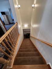 Stairs featuring carpet flooring