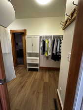 Walk in closet with wood-type flooring