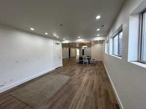 Unfurnished living room featuring dark hardwood / wood-style floors