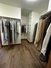 Walk in closet with hardwood / wood-style flooring