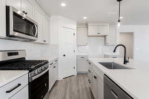 Kitchen with white cabinetry, sink, light hardwood / wood-style floors, and appliances with stainless steel finishes