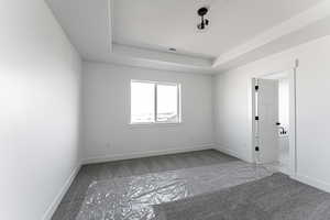 Spare room featuring carpet, a textured ceiling, and a raised ceiling