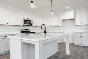 Kitchen with stainless steel appliances, sink, pendant lighting, a center island with sink, and white cabinetry