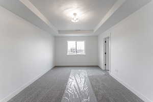 Unfurnished room featuring a textured ceiling, carpet floors, and a raised ceiling