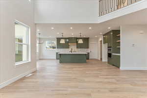 Kitchen with decorative backsplash, decorative light fixtures, a kitchen island with sink, and sink