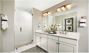 Bathroom featuring a shower with shower door, and double vanity Some features may vary from picture. *To Be Built*