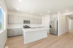 Kitchen with gray cabinetry, light hardwood / wood-style floors, stainless steel appliances, a center island with sink, and sink