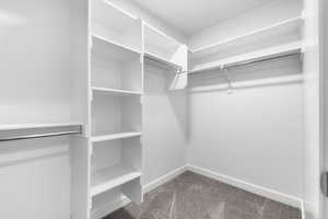 Walk in closet with dark colored carpet