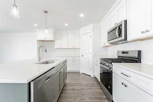 Kitchen featuring recessed lighting, appliances with stainless steel finishes, light countertops, light wood finished floors, and a sink