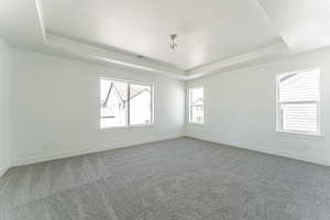 Carpeted spare room featuring a textured ceiling, visible vents, baseboards, and a tray ceiling