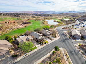 Bird's eye view with a water and mountain view