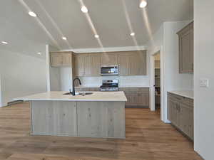 Kitchen featuring light hardwood / wood-style flooring, stainless steel appliances, sink, decorative backsplash, and an island with sink