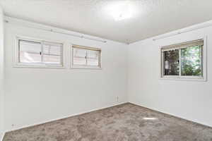 Empty room featuring a textured ceiling and carpet floors