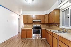 Kitchen with stainless steel range with electric stovetop, decorative backsplash, light hardwood / wood-style floors, and sink