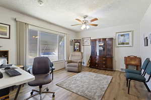 Office space featuring a textured ceiling, ceiling fan, and light wood-type flooring