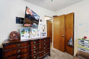 Bedroom with a textured ceiling and light carpet