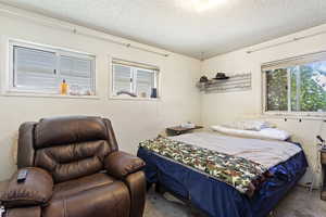 Bedroom with carpet flooring and a textured ceiling