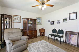 Living area featuring a textured ceiling, light hardwood / wood-style flooring, and ceiling fan