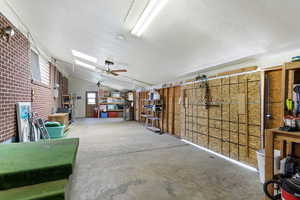 Garage featuring ceiling fan