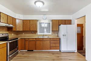 Kitchen featuring stainless steel range with electric stovetop, light hardwood / wood-style floors, white fridge with ice dispenser, and sink