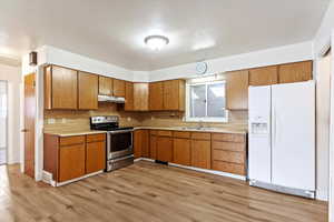 Kitchen with light wood-type flooring, backsplash, stainless steel range with electric stovetop, sink, and white refrigerator with ice dispenser