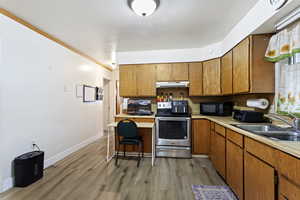 Kitchen featuring stainless steel range with electric stovetop, sink, and light hardwood / wood-style floors