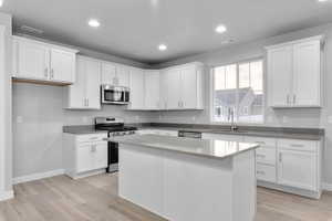 Kitchen with white cabinets, a center island, sink, and appliances with stainless steel finishes